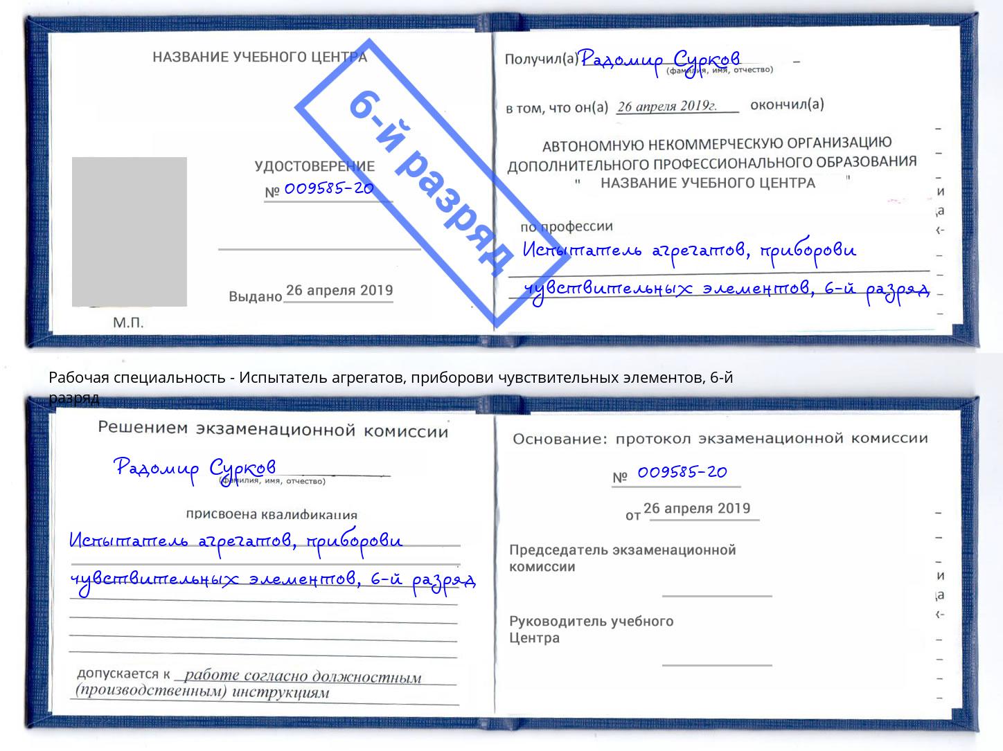 корочка 6-й разряд Испытатель агрегатов, приборови чувствительных элементов Сызрань