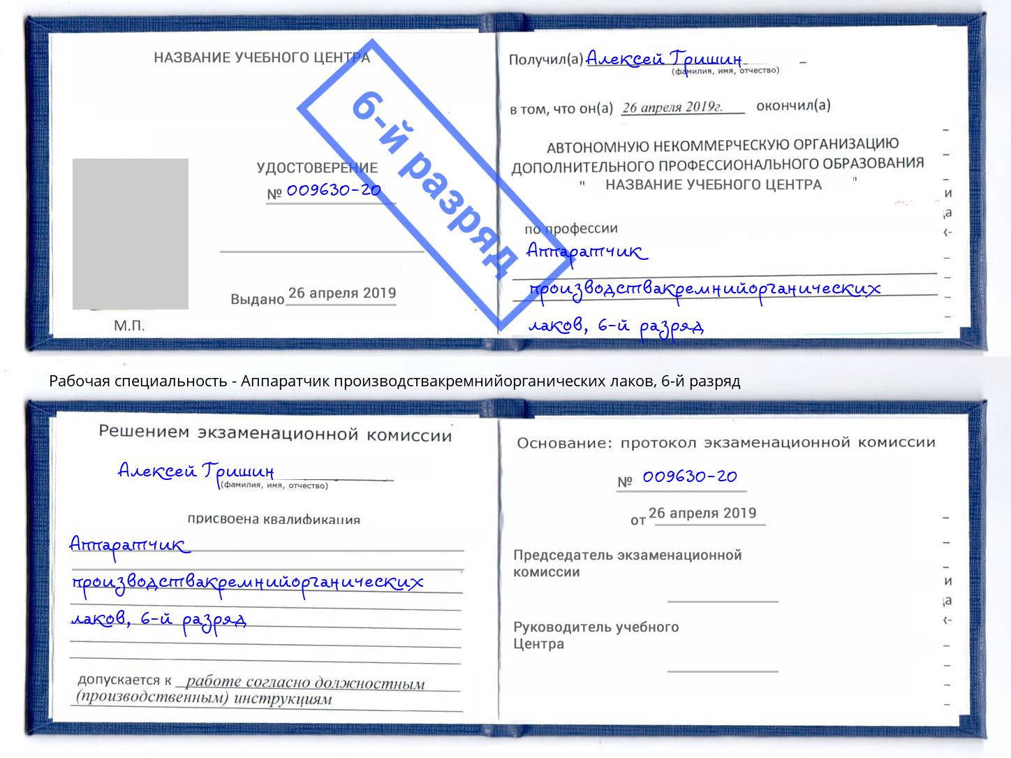 корочка 6-й разряд Аппаратчик производствакремнийорганических лаков Сызрань