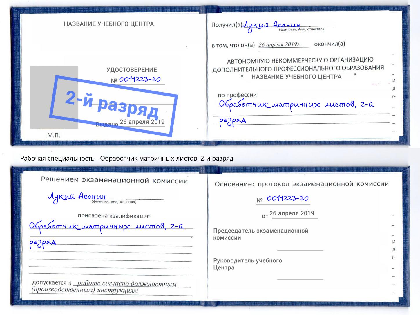 корочка 2-й разряд Обработчик матричных листов Сызрань
