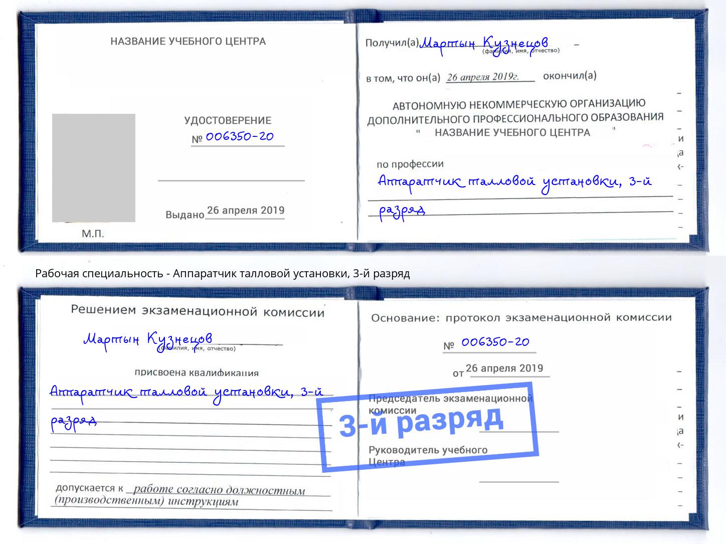 корочка 3-й разряд Аппаратчик талловой установки Сызрань