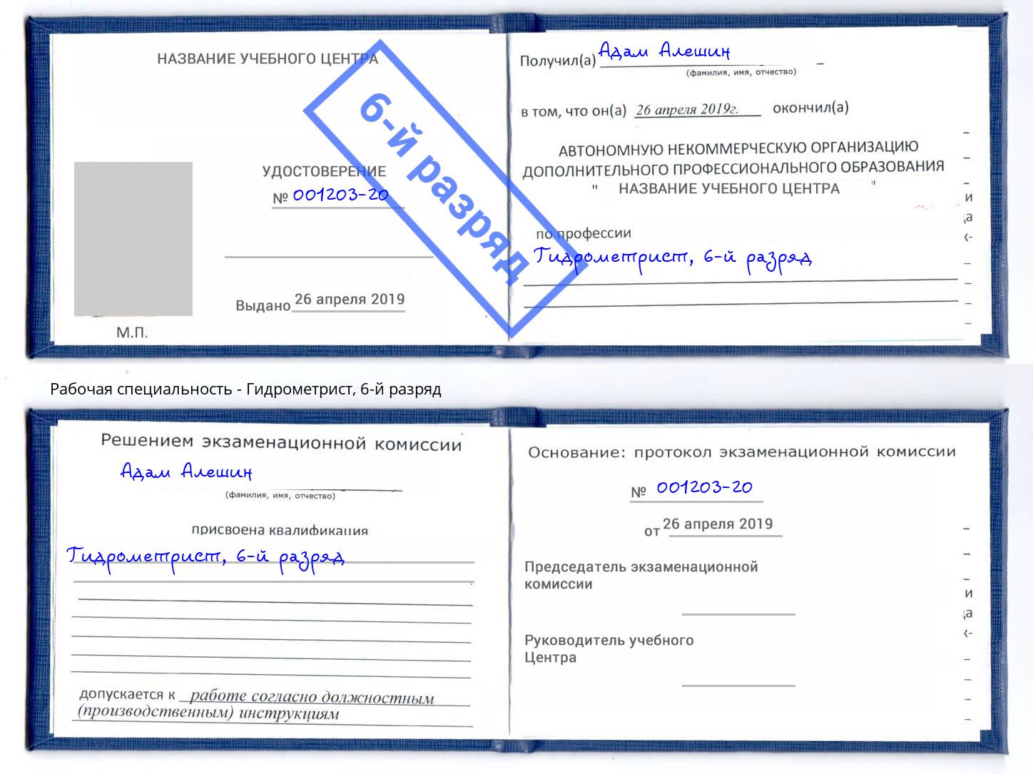 корочка 6-й разряд Гидрометрист Сызрань